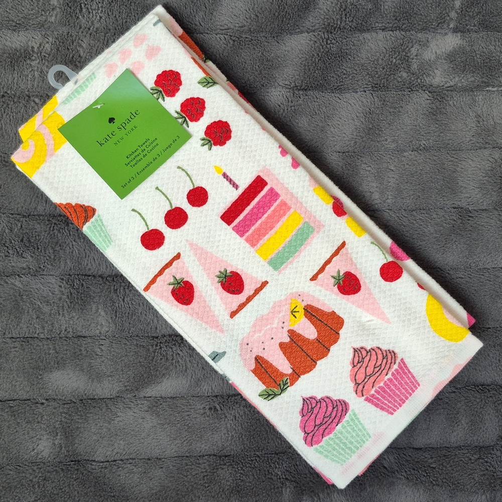 Kate Spade 100% Cotton Dessert, Fruit,& Polka Dot Set Of 3 Tea Towels, New W Tag